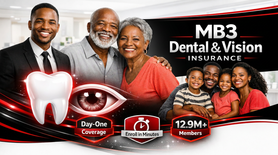 MB3 Dental & Vision Insurance marketing collage showing happy diverse families and seniors, a 3D tooth icon, and badges for Day-One Coverage, Enroll in Minutes, and 12.9M+ Ameritas members
